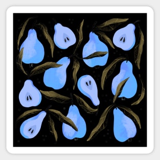 Pretty blue pear pattern with leaves on black background. Sticker